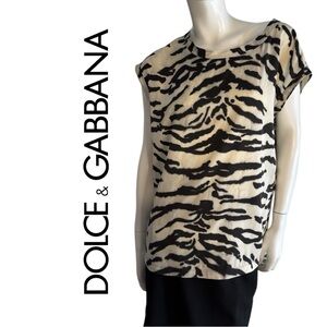 Dolce & Gabbana Black and Cream Animal-Print Short Sleeve Silk Top